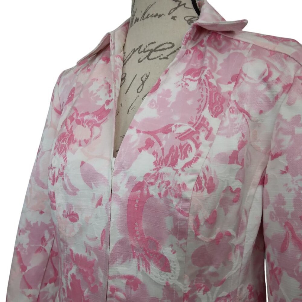 Coldwater Creek | Cotton Blend Pink White Rose Full Zip Blazer Jacket | Sz M